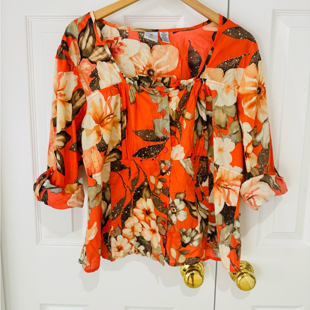 NWT Petite XL Caribbean Joe Orange Cream Blouse with Cuffed Sleeves NEW Floral